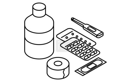 Simple line drawing of emergency kit, first-aid kit, isometric illustration, Vector Illustration