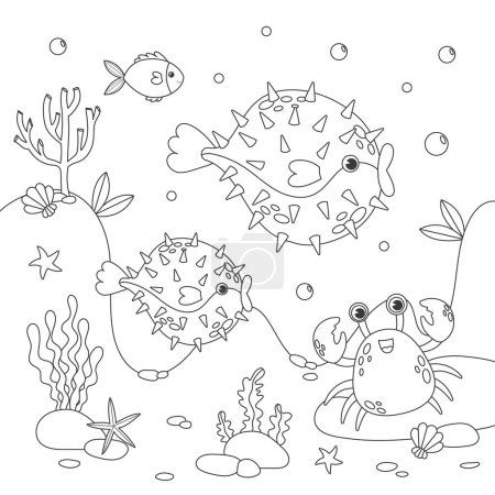 Fischskizze. Exotische Fische Malbuch. Niedliche Tierfigur für Kinder entwerfen. Schwarz-Weiß-Illustration perfekt für Malvorlagen. Meer Welt Ausmalseite.