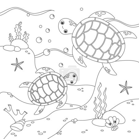Photo for Illustration with algae, turtle and fish, sea floor. Cute square page coloring book for children. Simple funny kids drawing. Black lines, sketch on a white background. - Royalty Free Image