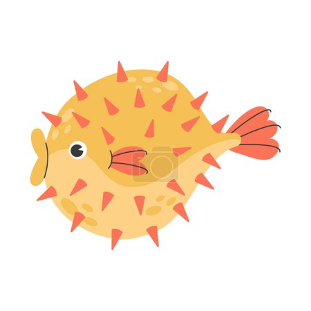 Illustration for Poster with cute marine yellow puffer fish isolated on white background with doodle elements. Colorful illustration of poisonous fish. Cute cartoon undersea world. Vector stock illustration. - Royalty Free Image