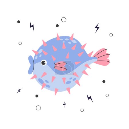 Illustration for Poster with cute marine purple puffer fish isolated on white background with doodle elements. Colorful illustration of poisonous fish. Cute cartoon undersea world. Vector stock illustration. - Royalty Free Image
