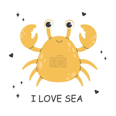 Illustration for Cute crab character with a kawaii smile on a white background with doodle elements and lettering I LOVE SEA. Childish colored flat cartoon vector illustration of funny smiling yellow lobster. - Royalty Free Image