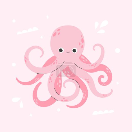 Photo for Cute smiling octopus isolated on pink background. Funny underwater pink animal with eight tentacles. Childish character. Colored flat cartoon vector illustration. Cute cartoon undersea world. - Royalty Free Image