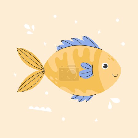 Photo for Poster with cute yellow fish and marine elements. Childrens illustration of a fish. Sea carp living at the bottom of the ocean. Vector stock illustration isolated on white background. - Royalty Free Image