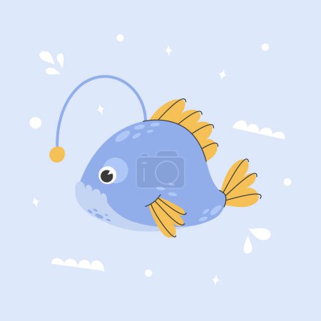 Téléchargez les illustrations : Affiche avec poisson pêcheur mignon. Illustration d'enfant d'un poisson. Sébaste vivant au fond de l'océan. Illustration vectorielle isolée sur fond bleu. - en licence libre de droit