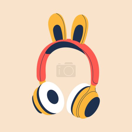 Photo for Cute professional gaming headphones with bunny ears for girls in cartoon style. Colorful yellow red audio equipment for listening to music. Music device icon or print. Vector stock illustration. - Royalty Free Image
