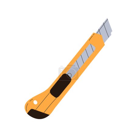 Illustration for Vector steel Stationery Knife for Repair, Construction.Yellow Plastic Cutting Tool for office, school work.Knife with Iron Blades. Isolated on White background.Illustration in Cartoon style. - Royalty Free Image