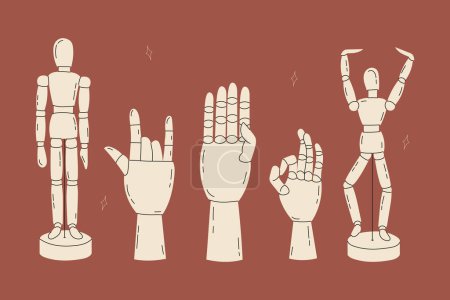 Illustration for Wooden articulated figurine of a mannequin and hands in various poses for learning to draw in a cartoon style. Fingers show various gestures. Trendy modern vector illustration, hand drawn, flat design - Royalty Free Image