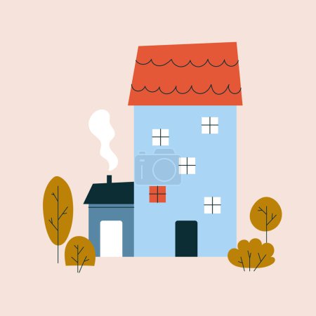 Ilustración de Bonita casa de apartamentos con un techo de azulejos rojos en un estilo escandinavo. Finca residencial de campo, casa de campo o villa rodeada de plantas de otoño en estilo plano. Ilustración de stock vectorial en estilo plano. - Imagen libre de derechos