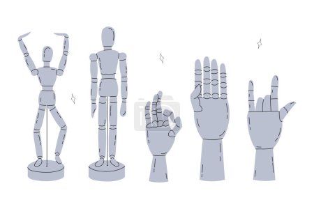 Illustration for Wooden articulated figurine of a mannequin and hands in various poses for learning to draw in a cartoon style. Fingers show various gestures. Trendy modern vector illustration, hand drawn, flat design - Royalty Free Image