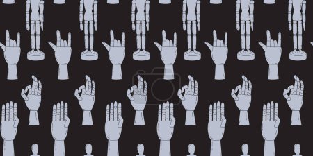 Illustration for Seamless pattern with wooden mannequin and hand gestures on a black background. Pattern for wrapping paper print on fabric. Vector stock illustration in hand drawn style. - Royalty Free Image