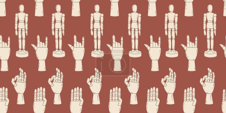 Illustration for Seamless pattern with wooden mannequin and hand gestures on a brown background. Pattern for wrapping paper print on fabric. Vector stock illustration in hand drawn style. - Royalty Free Image