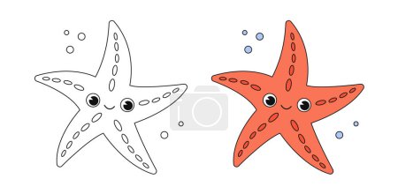 Photo for Cartoon starfish coloring book page with colorful template. Cute starfish colorig book. Underwater ocean life, marine animal. Funny starfish isolated contour. Kids animals coloring book page. Vector - Royalty Free Image