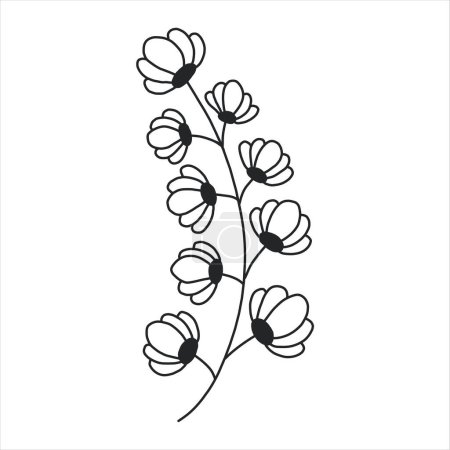 Photo for Black silhouette of a plant branch. Flower branch in outline style hand drawn on isolated white background. Vector stock illustration. Tropical leaves. Minimal line art for print, cover or tattoo. - Royalty Free Image