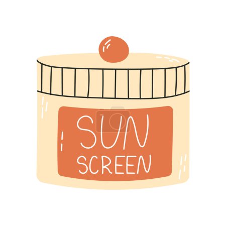 Sunscreen cosmetic lotion, cream, spray. lipstick. Sunblock product collection. Skin care, hydration and sun protection concept. Isolated vector illustration in cartoon style