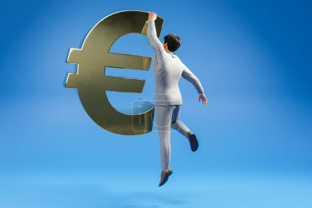 Photo for Businessman hanging floating golden euro symbol; office stuff falling; infinite blue background; inflation concept; 3D Illustration - Royalty Free Image