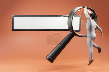 Photo for Floating search box businessman hanging on large magnifying glass concept for websearch; orange background; artificial intelligence; 3D Illustration - Royalty Free Image