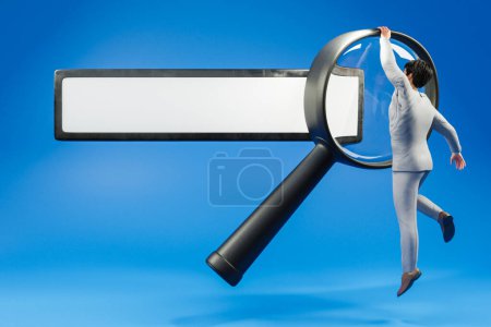 Photo for Floating search box businessman hanging on large magnifying glass concept for websearch; blue background; artificial intelligence; 3D Illustration - Royalty Free Image