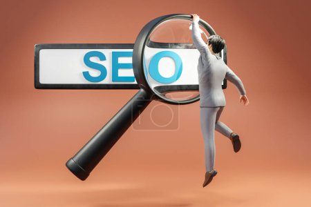 Photo for Floating search box businessman hanging on large magnifying glass concept for websearch seo search engine optimization; orange background; artificial intelligence; 3D Illustration - Royalty Free Image
