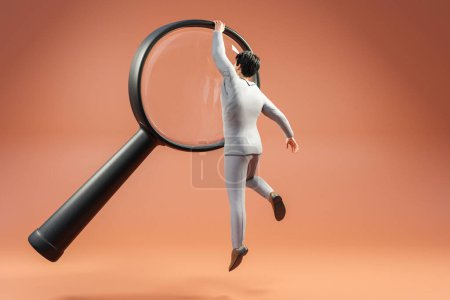 Photo for Businessman hanging on floating magnifying glass concept for websearch seo search engine optimization; orange background; artificial intelligence; 3D Illustration - Royalty Free Image