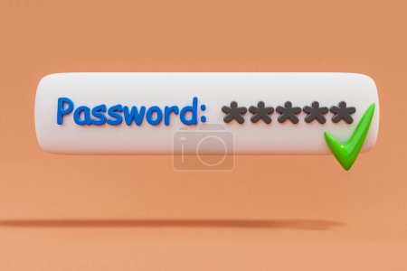 stylized 3D password form web browser login floating over orange infinite Background; green checkmark secure password and protection concept; 3D Illustration