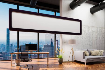 Photo for Large urban skyline loft office wall and canvas mock up; copy space panoramic window skyline view, 3D Illustration - Royalty Free Image