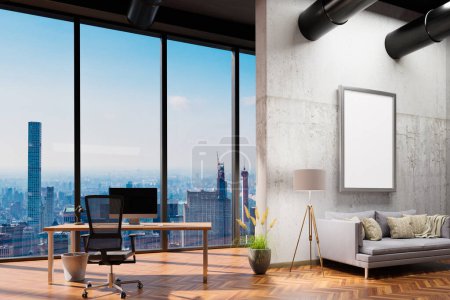 Photo for Large urban skyline loft office white wall and cozy vintage couch; copy spacepanoramic window skyline view, 3D Illustration - Royalty Free Image