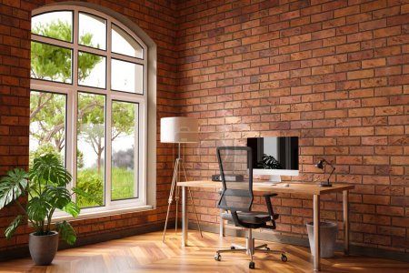 comfortable workplace with pc on wooden desk in office at home; bright sunlight from side large window wall; canvas copy space;  remote work freelance; 3D Illustration