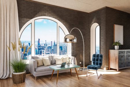 Photo for Luxurious loft apartment with arched window and panoramic view over downtown; noble interior living room design mock up; 3D Illustration - Royalty Free Image