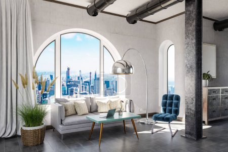 Photo for Luxurious loft apartment with arched window and panoramic view over downtown; noble interior living room design mock up; 3D Illustration - Royalty Free Image