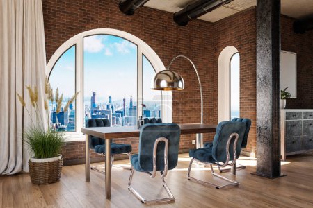 luxuriöse Loft-Wohnung mit gewölbtem Fenster und Panoramablick über die Innenstadt; edles Esszimmer-Interieur-Design aufgesetzt; 3D-Illustration