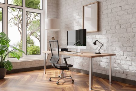 komfortabler Arbeitsplatz PC auf Holzschreibtisch im Büro zu Hause; helles Sonnenlicht scheint von der Seite durch großes Fenster; Wand; mit Leinwand Kopierraum; Fernarbeit freiberufliches Konzept; 3D Illustration