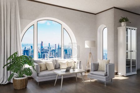 lujoso apartamento loft con ventana arqueada y vista panorámica sobre el centro urbano; diseño interior de la sala de estar se burlan; Ilustración 3D