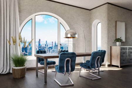 Photo for Luxurious loft apartment with arched window and panoramic view over downtown; noble dining room interior design mock up; 3D Illustration - Royalty Free Image