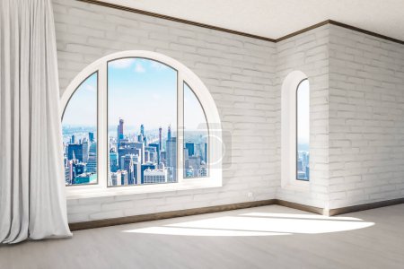 appartement loft luxueux vide avec fenêtre voûtée et vue panoramique sur le centre-ville urbain ; design intérieur noble maquette rideau blanc et plancher en bois ; Illustration 3D