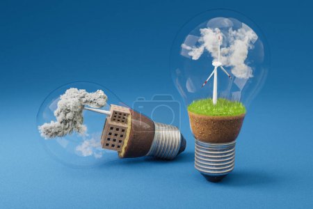 Glühbirnen mit Windrad und Kohlekraftwerk im Inneren; grüne Erde und Wolken; Umweltverschmutzung und Rauch; Konzept erneuerbarer Energien; unendlicher Hintergrund; 3D-Illustration