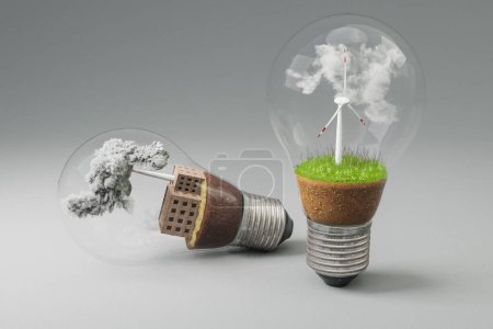 ampoules avec éolienne miniature et centrale au charbon à l'intérieur ; sol et nuages verts ; pollution et fumée ; concept d'énergie renouvelable ; fond infini ; Illustration 3D