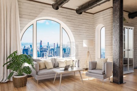 Foto de Lujoso apartamento loft con ventana arqueada y vista panorámica sobre el centro urbano; diseño interior de la sala de estar se burlan; Ilustración 3D - Imagen libre de derechos