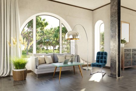 Foto de Lujoso apartamento de casa de campo con ventana arqueada y vista al paisaje; diseño interior de la sala de estar maqueta; Ilustración 3D - Imagen libre de derechos