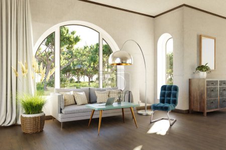 Luxuriöses Landhaus-Landhaus-Appartement mit gewölbtem Fenster und Blick auf die Landschaft; Wohnzimmerdesign-Attrappe; 3D-Illustration