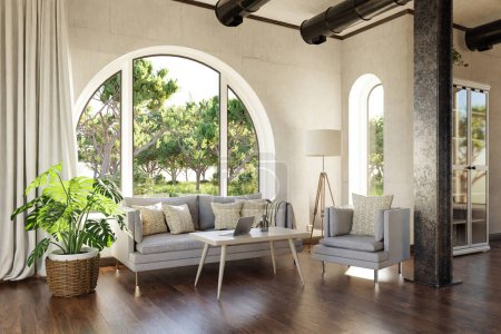 Foto de Lujoso apartamento de casa de campo con ventana arqueada y vista al paisaje; diseño interior de la sala de estar maqueta; Ilustración 3D - Imagen libre de derechos