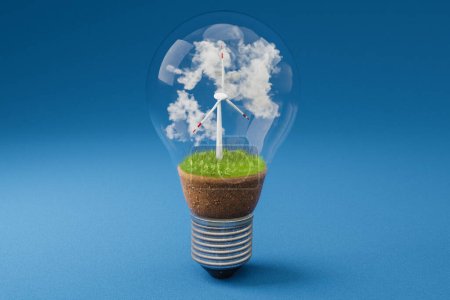 single lightbulb with minature wind turbine inside; green soil and clouds; renewable clean energy concept; infinite background; 3D Illustration