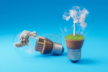 Foto de Bombillas con turbina eólica en miniatura y central eléctrica de carbón en el interior; suelo verde y nubes; contaminación y humo; concepto de energía renovable; fondo infinito; Ilustración 3D - Imagen libre de derechos