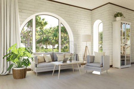 Téléchargez les photos : Luxueux appartement maison de campagne avec fenêtre cintrée et vue sur le paysage ; design intérieur du salon maquette ; Illustration 3D - en image libre de droit