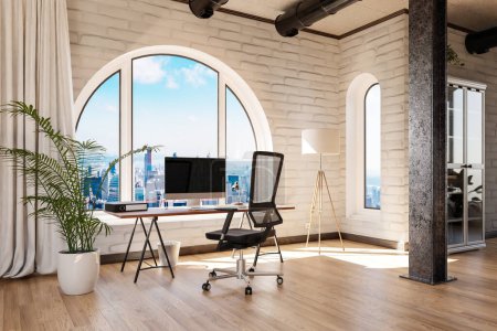 luxueux appartement loft avec fenêtre cintrée et vue panoramique sur le centre-ville urbain ; espace de travail informatique intérieur avec bureau ; Illustration 3D
