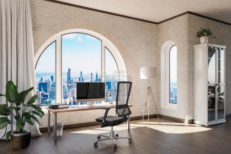 luxurious loft apartment with arched window and panoramic view over urban downtown; interior computer workspace with desk; 3D Illustration