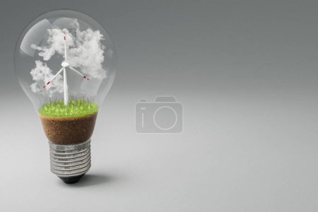 single lightbulb with minature wind turbine inside; green soil and clouds; renewable energy concept; 3D Illustration