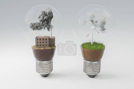 Glühbirnen mit Windrad und Kohlekraftwerk im Inneren; grüne Erde und Wolken; Umweltverschmutzung und Rauch; Konzept erneuerbarer Energien; unendlicher Hintergrund; 3D-Illustration