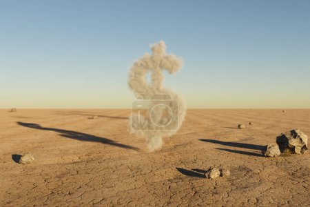 Téléchargez les photos : Symbole du dollar des nuages dans un grand environnement désertique avec dunes de sable, collines et rochers posés arround ; concept de profit commercial ; Illustration 3D - en image libre de droit