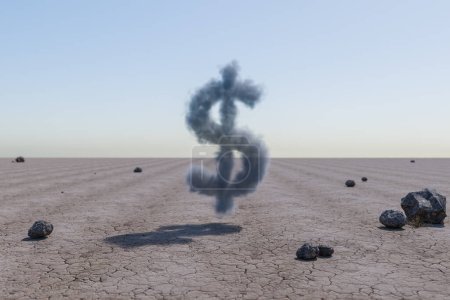 Téléchargez les photos : Symbole du dollar des nuages dans un grand environnement désertique avec dunes de sable, collines et rochers posés arround ; concept de profit commercial ; Illustration 3D - en image libre de droit